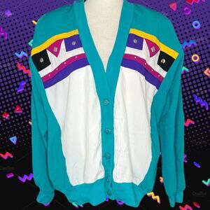 80s Teal Geometric Studded Vintage Shaker Retro Windbreaker Style Jacket Large